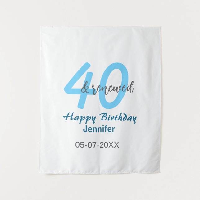 Tapiz nombre fecha cumpleaños 40 & renovado número azul  (Anverso)