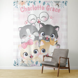 Tapiz Nombre floral de amigos gatitos felices tan femeni