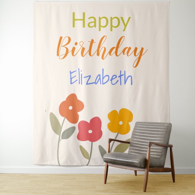Tapiz Nombre personalizado de Happy Birday Floral Blooms (In situ)