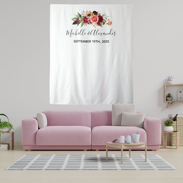 Tapiz Nombres florales de rosa sonrosado boda blanca (Subido por el creador)