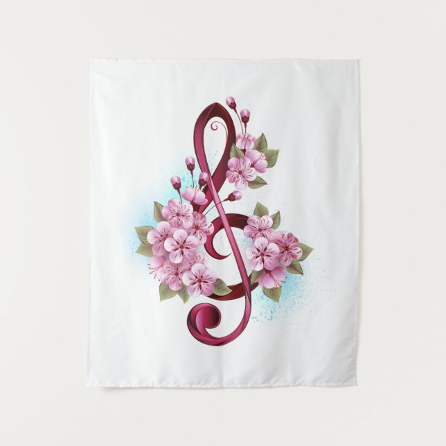 Tapiz Notas de clave de sol musical con flores de Sakura (Anverso)