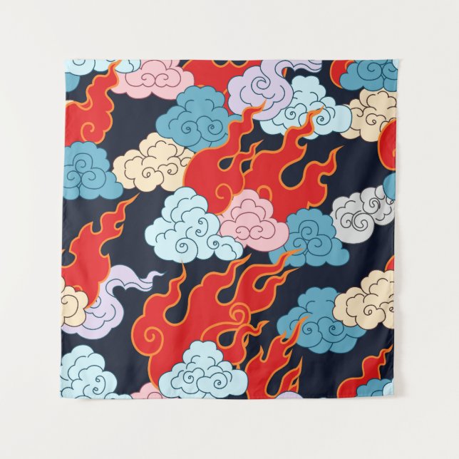 Tapiz Nubes, llamas: Patrón de cosecha negra. (Anverso)