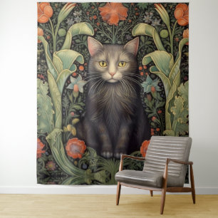 Tapiz Nuevo arte gato negro y flores rojas