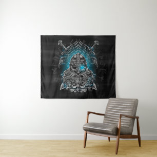Tapiz Odin con cuervos y espadas Mitología vikinga azul