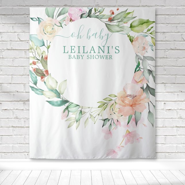 Tapiz Oh Baby Floral Botanath Wreath Baby Shower (Pastel watercolor floral wreath oh baby hand lettering baby shower backdrop for a botanical photo op)