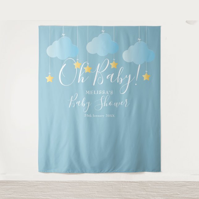 Tapiz Oh Baby Shower Cute Blue Photo Booth Fondo (Anverso)