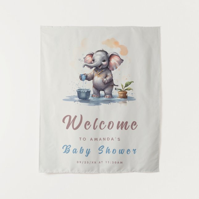 Tapiz Oh Boy Elephant Rustic Gold Blue Baby Shower (Anverso)