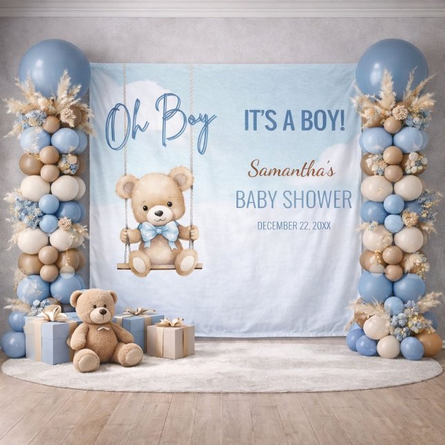 Tapiz Oh Boy es el fondo de Baby Shower de un niño oso (Soft blue baby shower backdrop styled with balloon columns and neutral pampas decor)