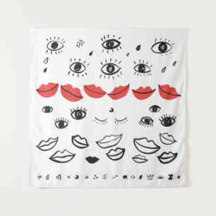 Tapiz Ojos de cosecha, patrón de labios rojos.