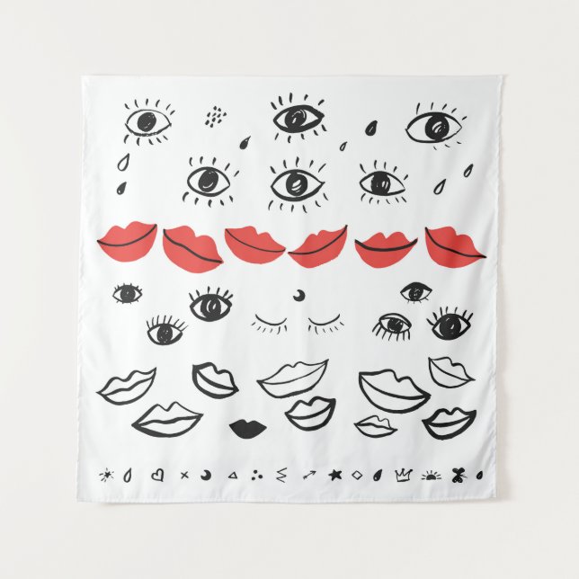 Tapiz Ojos de cosecha, patrón de labios rojos. (Anverso)