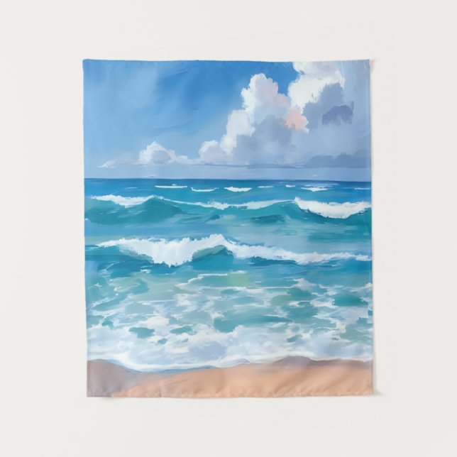 Tapiz Olas de Océano Azul | Acuarela de Mar de Playa  (Anverso)