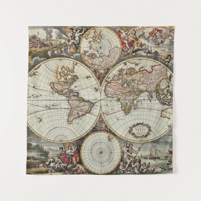 Tapiz Old map of world hemispheres. Created by Frederick (Anverso)