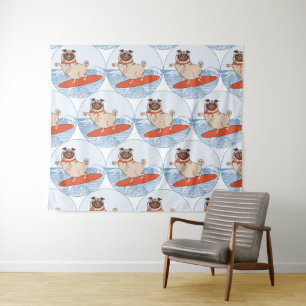 Tapiz Onda montando perro de cerdo feliz en la banda de