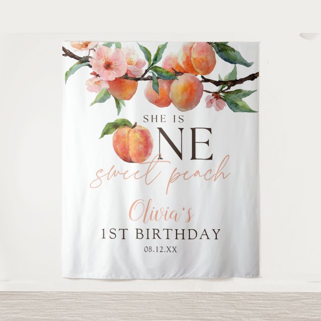 Tapiz One Sweet Peach 1st Birthday Photo Backdrop (Anverso)