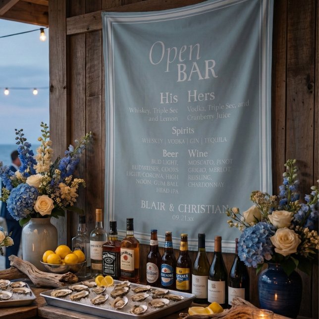 Tapiz Open Bar and Signature Drink Coastal Blue Wedding  (Give your open bar and added touch of elegance with this Open Bar and Signature Drink Tapestry!)