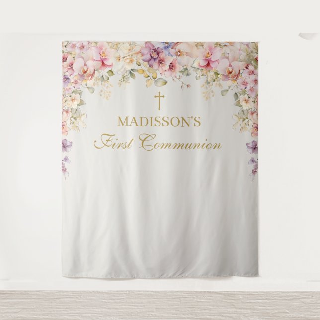 Tapiz Orchid Floral marfil First Communion Backdrop (Anverso)