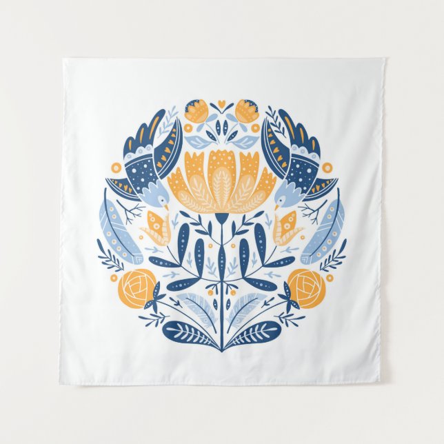 Tapiz Ornamento de arte popular con aves, rosas y flowe (Anverso)