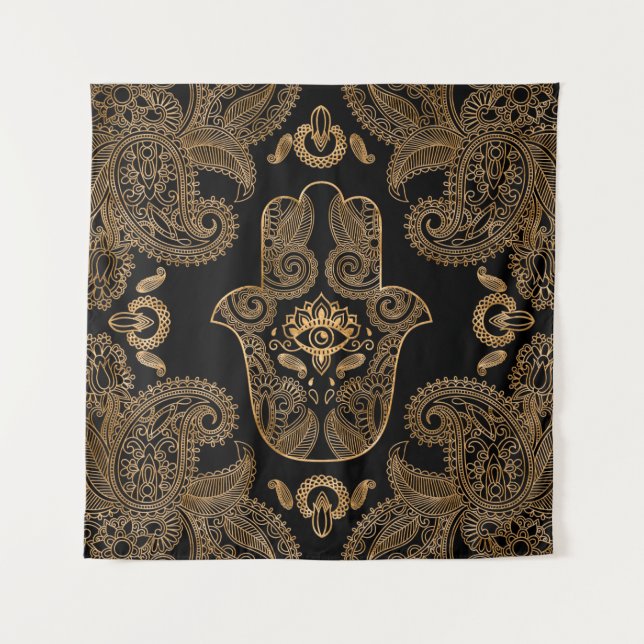 Tapiz Ornamento de Hamsa Hand Black y oro (Anverso)