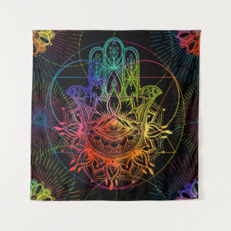 Tapiz Ornate hamsa: patrón de neón dibujado a mano.