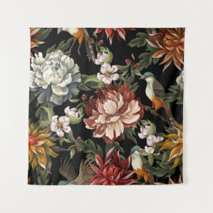 Tapiz Ornate Vintage Peonies, Rosas, Aves.