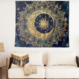 Tapiz Oro Celestial Mandala Sol Galaxia Azul Noche