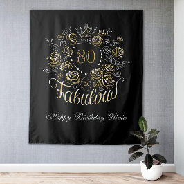 Tapiz Oro Negro Elegante Floral 80 y Cumpleaños Fabuloso
