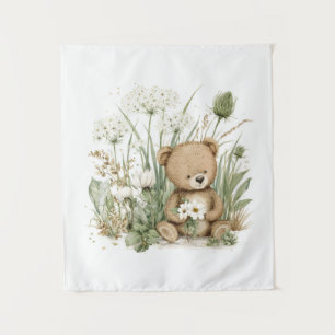 Tapiz Osito de acuarela adorable con flores silvestres