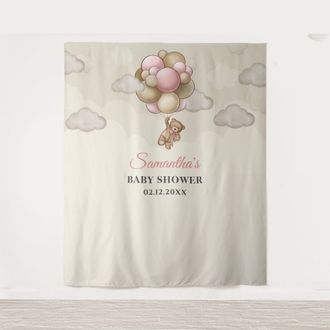 Tapiz Osito de peluche globos rosados marrones marfil te (Anverso)