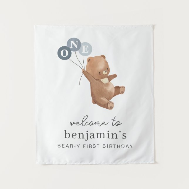 Tapiz Oso con letrero de bienvenida de 3 globos azules (Anverso)