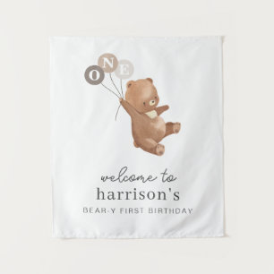 Tapiz Oso con letrero de bienvenida de 3 globos marrones