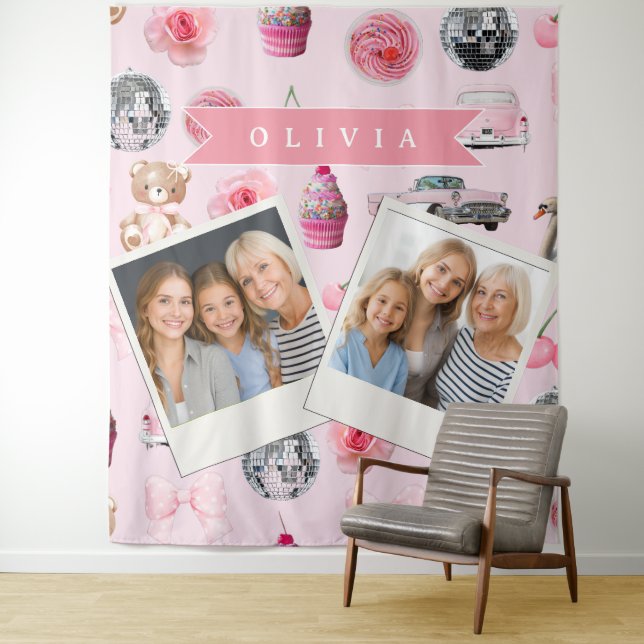 Tapiz Oso de peluche rosa coqueto personalizado retro li (In situ)