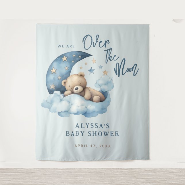 Tapiz Oso de peluche sobre el Baby Shower de la luna (Anverso)