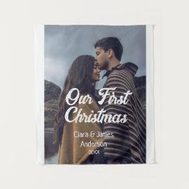 Tapiz Our first Christmas couple photo name white gray