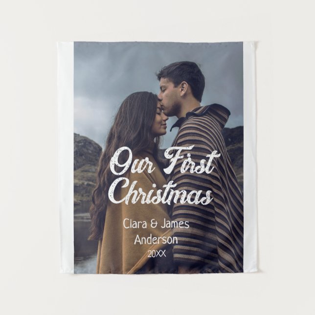Tapiz Our first Christmas couple photo name white gray (Anverso)