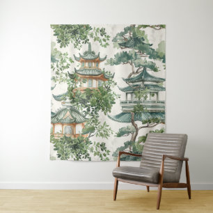 Tapiz Pagoda asiática acuarela en paisaje verde (10)