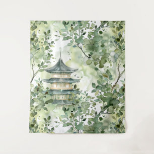 Tapiz Pagoda asiática acuarela en paisaje verde (13)