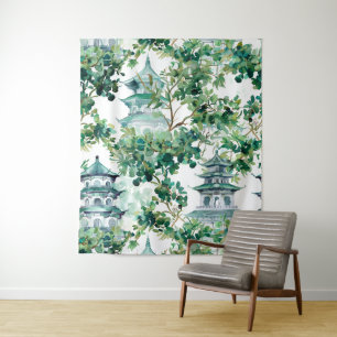 Tapiz Pagoda asiática acuarela en paisaje verde (15)