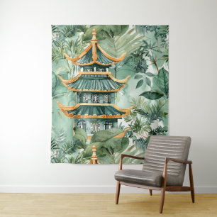 Tapiz Pagoda asiática acuarela en paisaje verde (6)