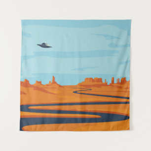 Tapiz  paisaje con valle desierto, montañas, w oscuro