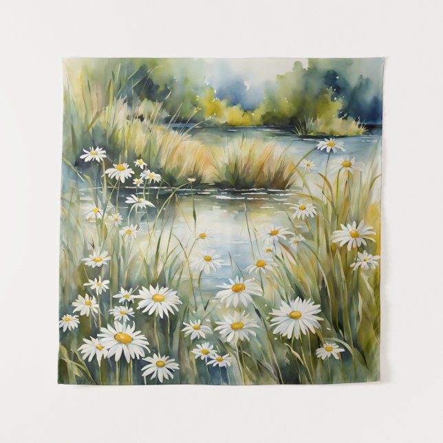 Tapiz Paisaje de Creek de Tapestry Wildflowers Daisies (Anverso)