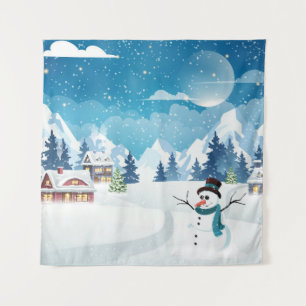Tapiz Paisaje de invierno del pueblo nocturno con cubier
