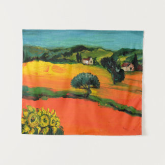 TAPIZ PAISAJE DE TOSCANA CON SOMBRILLAS EN NARANJA ROJO