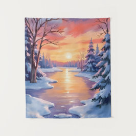 Tapiz Paisaje del atardecer del río de invierno Aquarela