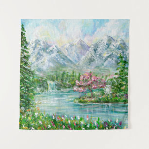 Tapiz Paisaje montañoso de primavera. Mano acrílica orig