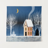 Paisaje nocturno de invierno. Casa acogedora, arbo