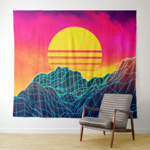 Tapiz paisaje Vaporwave de los 80 con montañas de neón