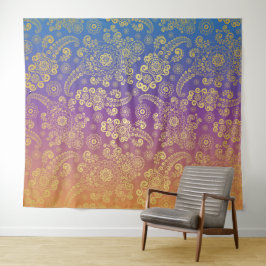 Tapiz Paisley de Lujo Dorado sobre Azul, Púrpura y Naran