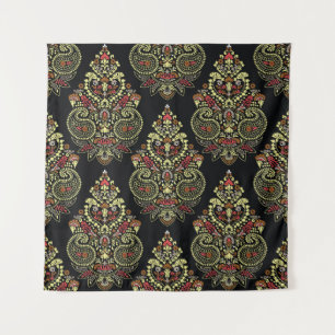 Tapiz Paisley indio, fondo geométrico negro