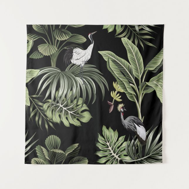 Tapiz Pájaro de grulla vintage tropical, palmeras, prohi (Anverso)
