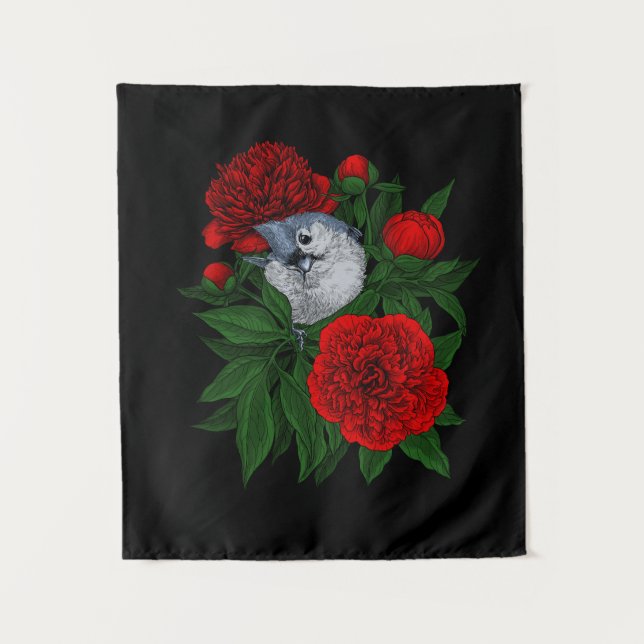 Tapiz Pájaro en un ramo de peonía rojo (Anverso)